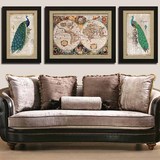 简欧客厅组合三联装饰画美式沙发背景墙孔雀壁画样板间地图有框画