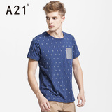A21 夏季新款男装修身圆领短袖T恤 时尚印花个性拼接口袋 潮T