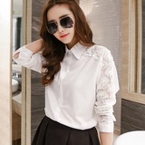 2016新款春季韩版女装镂空蕾丝长袖修身翻领白衬衫纯棉衬衣打底衫