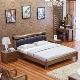 现代中式实木床1.8米双人床 储物高箱床 虎斑木真皮婚床家具