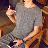 2016夏季新款短袖套装男士大码短袖t恤韩版宽松休闲格子半袖潮男T