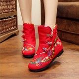 冬老北京布靴民族风加绒短靴婚鞋坡跟内增高低筒加厚绣花鞋女棉靴