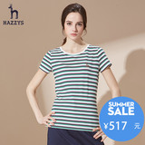 Hazzys哈吉斯夏季新款女士短袖t恤 条纹修身圆领纯棉潮英伦女装