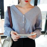 韩国官网代购 Cherrykoko 2016春款气质百搭竖条纹V领衬衫女长袖