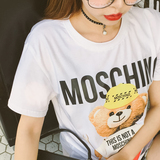 反季促销MOS*CHINO 走秀款小熊涂鸦字母中长款TEE印图纯棉女T恤