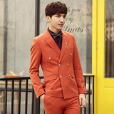 双排扣结婚西装韩版修身型橙色橘色西服套装新郎主持人礼服潮流男