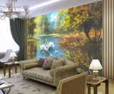 客厅电视餐厅背景沙发装饰大型无缝壁画墙纸布欧式油画天鹅湖水