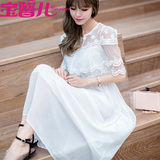 2016夏季新款韩版修身仙纯白色蕾丝花边披肩假两件雪纺连衣裙长裙