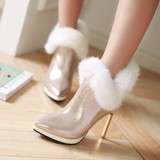 韩版奢华兔毛高跟鞋女尖头细跟骑士靴裸靴短靴保暖大码冬靴子