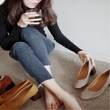 秋季韩版新品圆头复古粗跟浅口四季女单鞋中跟绒面气质百搭高跟鞋