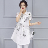 2016夏装新款 韩版大码女装宽松网纱印花拼接中长款白衬衫女衬衣