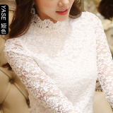 蕾丝打底衫女长袖高领2016春装新款韩版女装修身百搭白色女士上衣