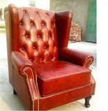 特价美式老虎椅带脚凳拉扣皮艺单人沙发 欧式伯爵椅新古典高背椅
