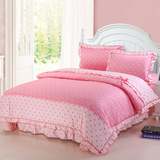 韩版纯棉公主四件套1.8m 粉色波点全棉碎花田园风套件荷叶边床单