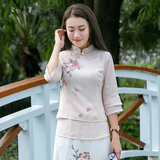 2016春夏新品中国风手绘印花原创假两件套复古文艺气质范衬衫女装