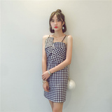 夏季新款韩版女棉麻格子吊带连衣裙直筒修身显瘦无袖短裙+L210