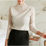 韩国代购2016春装新款微透视性感轻薄褶皱高领打底衫衬衫女t恤