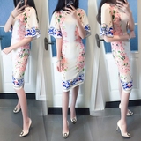 韩国代购2016夏季新款女装韩版修身名媛气质复古印花中长款连衣裙