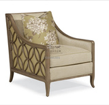 美式乡村实木镂空雕花单人沙发欧式布艺休闲椅法式麻布软包老虎椅