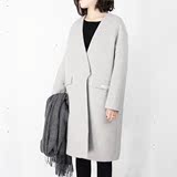 冬季新款韩版简约气质V领宽松茧型呢子大衣外套中长款女 夹棉加厚