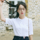 2016夏季新款女装韩版百搭短袖衬衫修身白色木耳领衬衣上衣