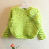 女童春秋新款果绿色针织镂空宽松蝙蝠衫儿童休闲洋气套头毛衣童装