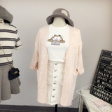 韩国订单2016新款秋款甜美百搭粉色七分袖针织毛衣开衫女