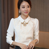 秋冬季新款韩版女长袖衬衫修身娃娃领加绒加厚保暖打底衫有领上衣