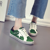 明星同款韩版平底休闲运动鞋做旧五角星星板鞋系带绿色亮片鞋女潮