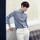 春季韩版新款 条纹小立领简约时尚休闲修身男士长袖衬衫百搭衬衣