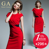 GA新款女装欧美职业时尚高端收腰包臀显瘦红色短袖系带ol连衣裙夏