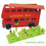 男孩木制玩具美国TRU伦敦木头巴士过家家仿真可拆装木质公共汽车