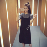2016韩版夏季新款宽松背带连衣裙两件套条纹显瘦吊带中长裙子D310