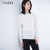 Amii[极简主义]2015春季新大码立体肌理一字领长袖T恤女子打底衫