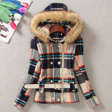 2015秋冬新款呢子外套女装韩版时尚修身短款毛领格子羊毛大衣上衣