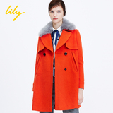 Lily2015冬正品代购115430F1146纯色双排扣毛领可脱卸毛呢大衣