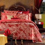 欧式奢华宫廷贡缎提花婚庆四件套大红1.8m床结婚床上用品新婚刺绣