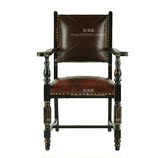 现货欧式带扶手餐椅书椅美式乡村休闲椅法式办公椅新古典皮艺餐椅