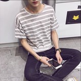 日系原创夏装新款小清新条纹短袖T恤男韩版青少年圆领体恤打底衫