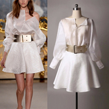 2016早春新款 欧美时尚气质潮流白色灯笼袖真丝衬衫+提花伞裙套装