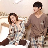 可爱韩国情侣春夏长袖格子衬衫式套装纯棉男女款家居服睡衣可外穿