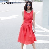 Amii[极简主义]2015夏新圆领无袖棉麻A型配腰带连衣裙11570571