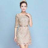 夏季女装新款韩版气质修身中袖打底裙金线蕾丝五分袖连衣裙中裙