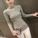 2016秋女士韩版V领套头钉珠修身长袖上衣百搭针织打底衫保暖毛衣