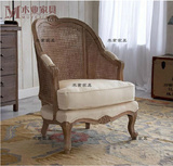 美式法式乡村实木布艺单人休闲沙发椅简约欧式复古做旧编藤老虎椅