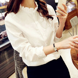 2016春装新款韩范学院风白衬衣女式学生显瘦加厚长袖立领衬衫上衣