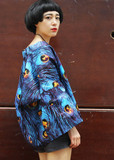 日式原创自制孔雀羽毛全棉印花宽松外套复古和风短外套和服开衫