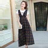 韩国版短袖T恤背带长裙格子纹连衣裙少女学院风时尚两件套装春夏