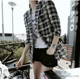 香港代购女装韩版气质修身显瘦黑白格子小西装羊毛毛呢开衫外套