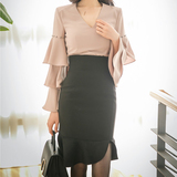 韩版女装2016新款时尚百搭修身显瘦荷叶边鱼尾裙高腰半身裙包臀裙